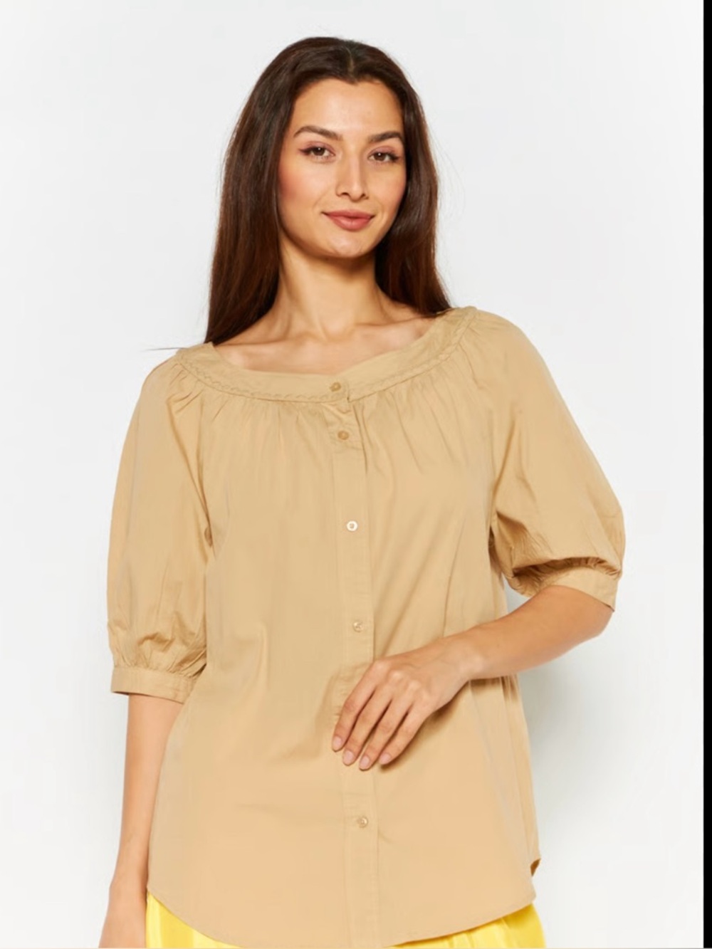 Ralph Lauren Black Label Tan Button-Front Puff Sleeve Blouse Size XL